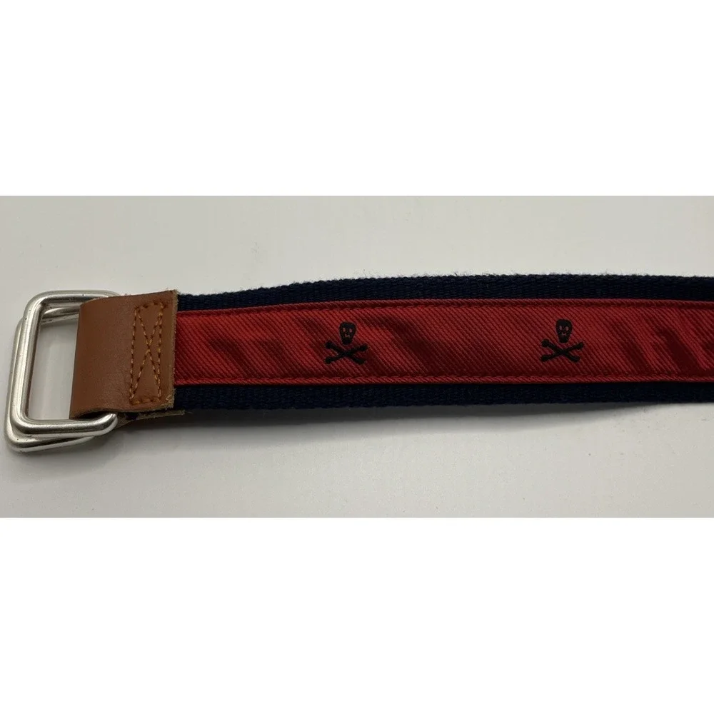 J. McLaughlin Red Blue Canvas Embroidered Skull And Crossbones Belt Women's L